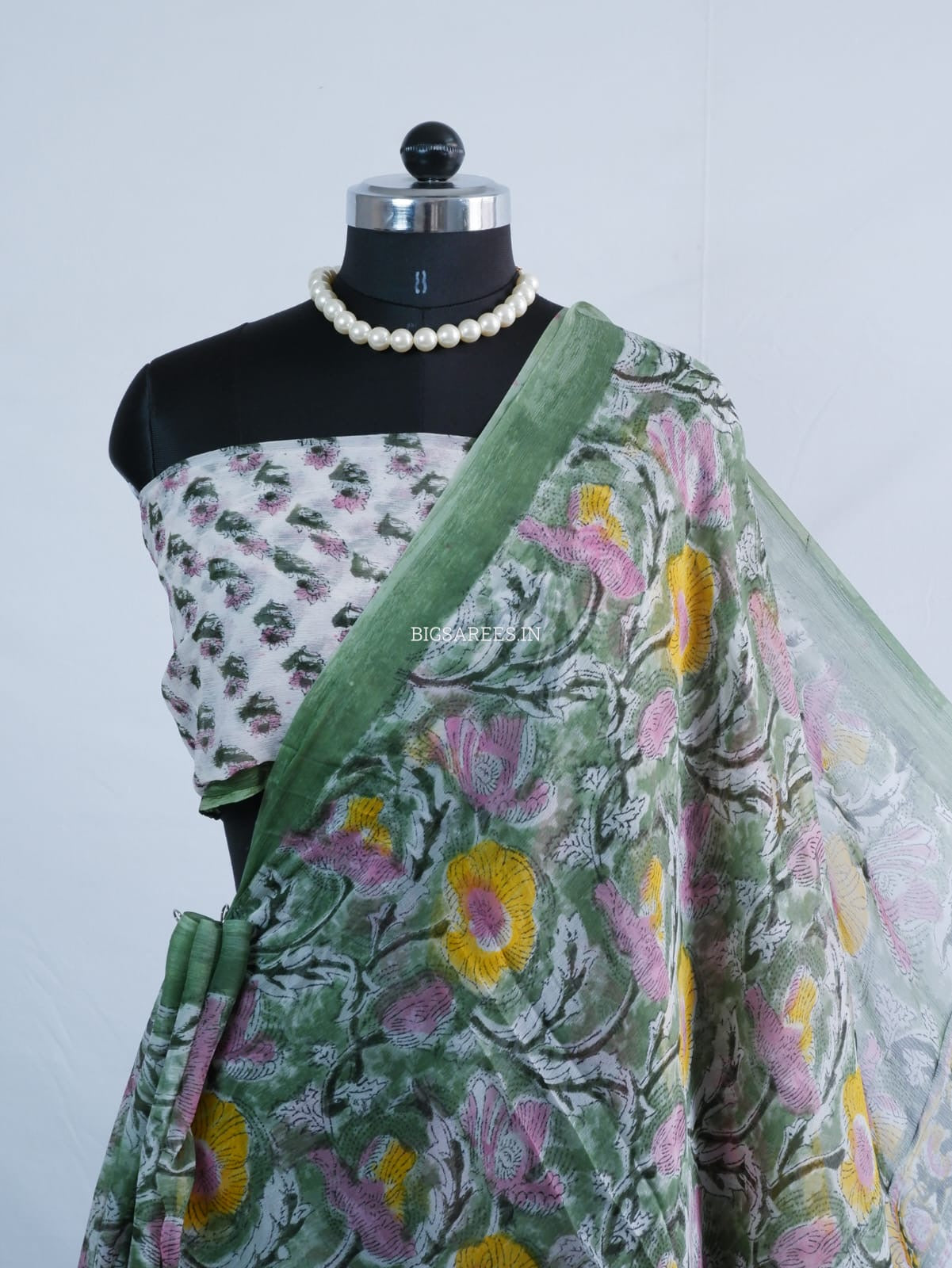 Hand Block Print Saree | Pure Chiffon | Green