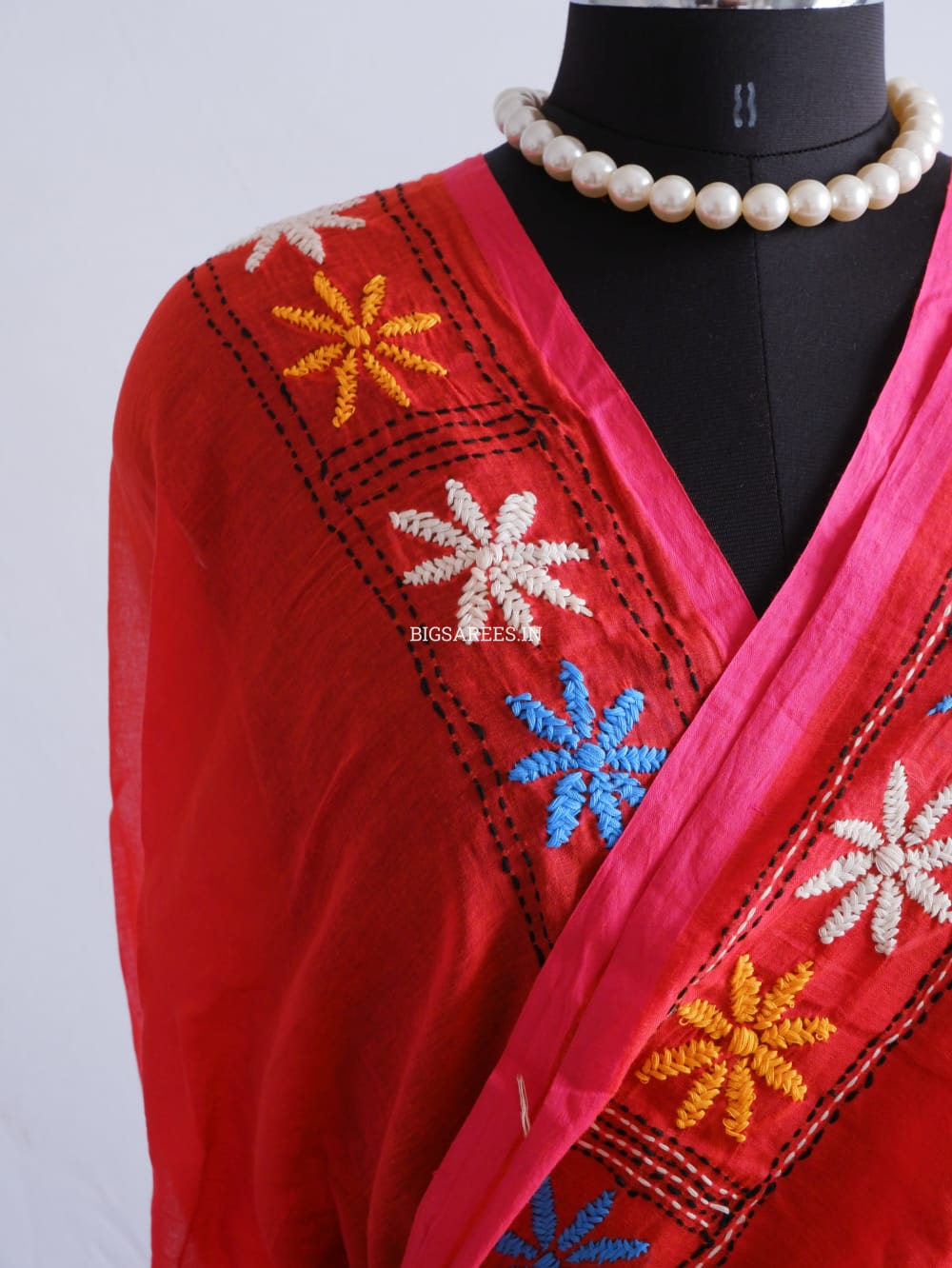 Kantha stitch Hand Embroidered Pure mul Cotton Saree