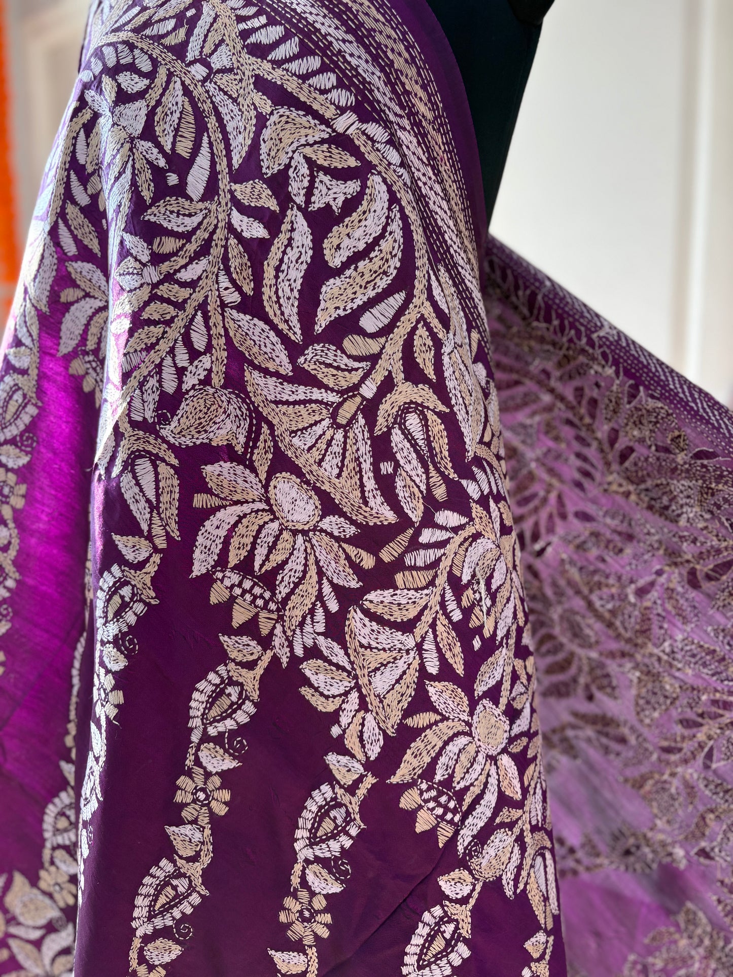 Kantha Hand Embroidary Full Work Pure Banglore Silk Dupatta. (With Silk Mark)