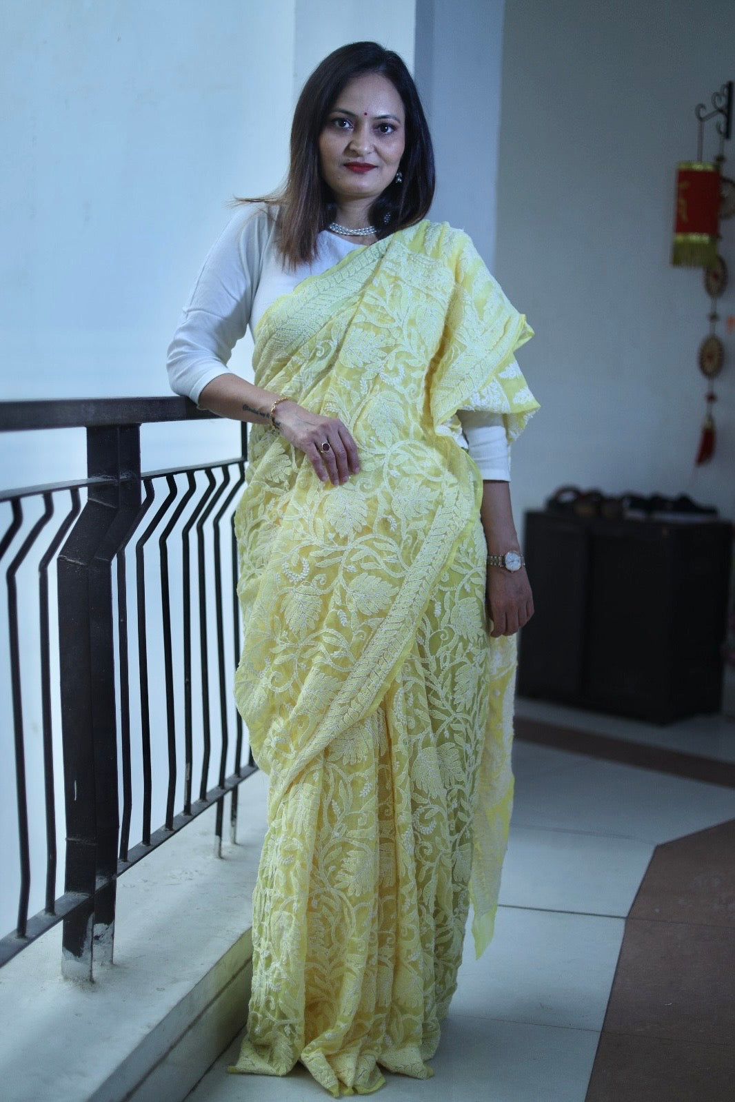 Yellow Georgette Chikankari Work Hand Embroidered Saree