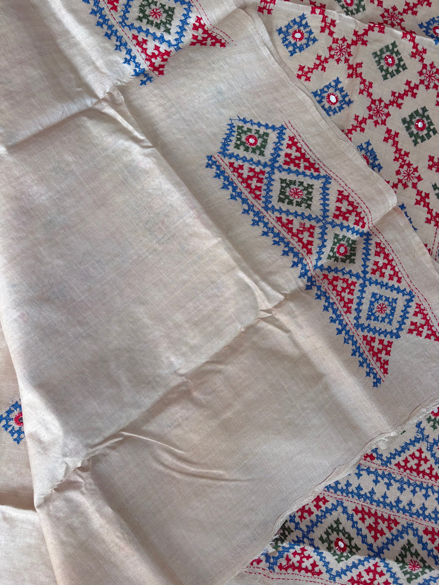 Kutchi Hand Embroidered Saree | Pure Gachi by Gachi Tassar Silk | Silk Marked | Off-White