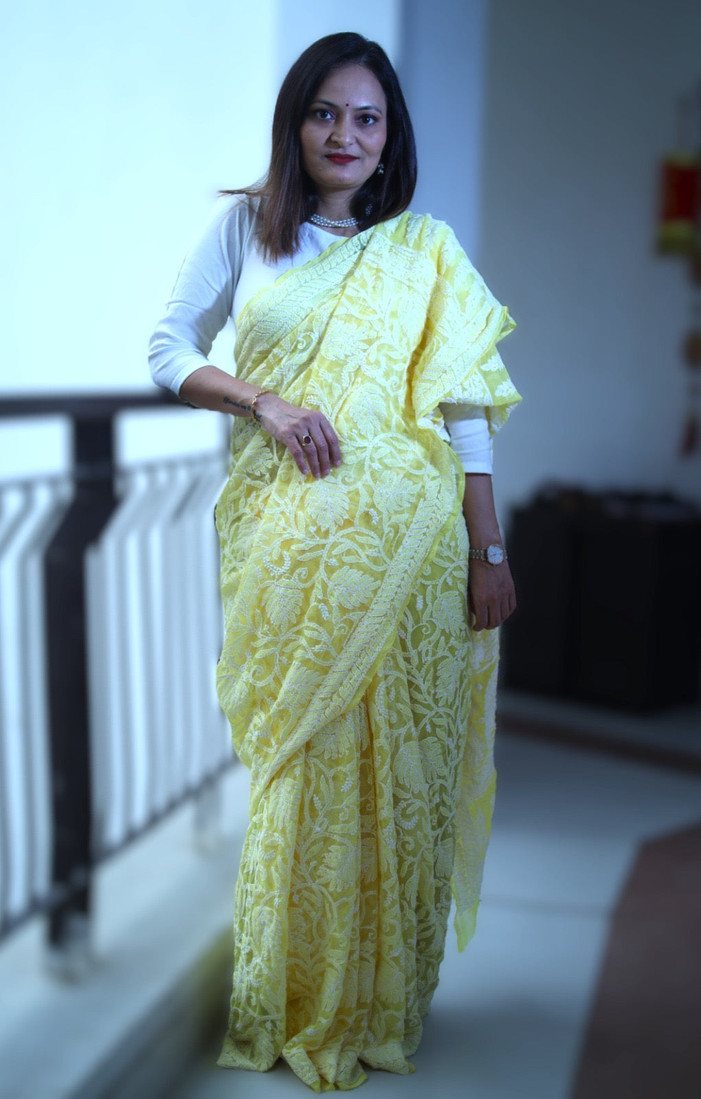 Yellow Georgette Chikankari Work Hand Embroidered Saree