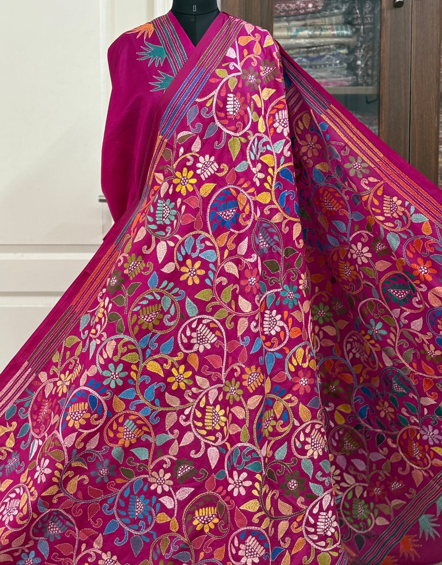 Kantha Stitch Hand Embroidered Pure Banglore Silk Batik Saree (Silk Marked)