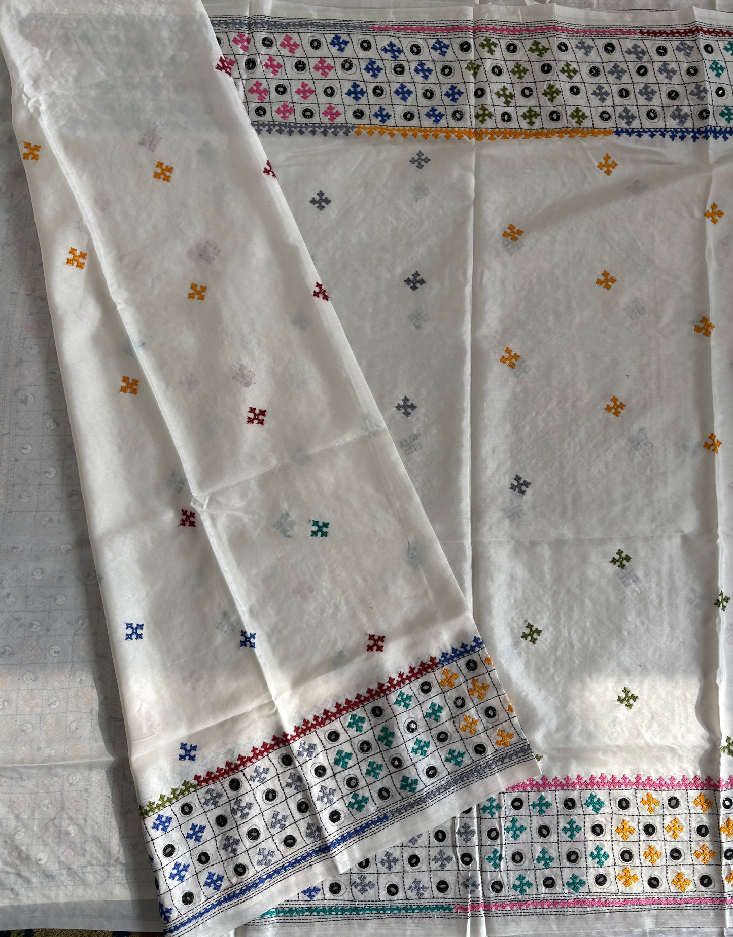 Gujrati Stitch/Kutch Hand Embroidered Art Silk Saree