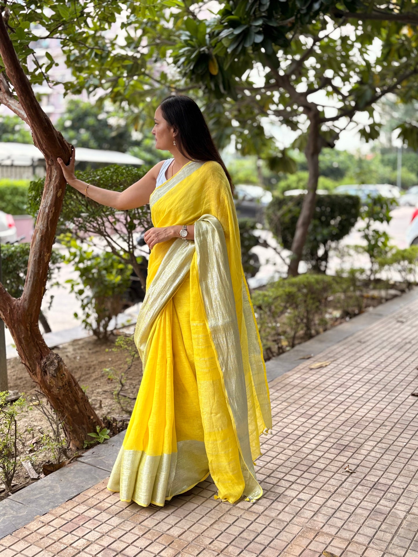 Yellow Silver pure Linen By Linen Saree With running Blouse