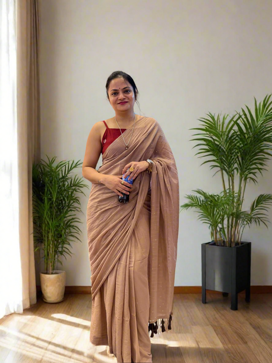 Jonaki Pure Mul Cotton Saree - Brown