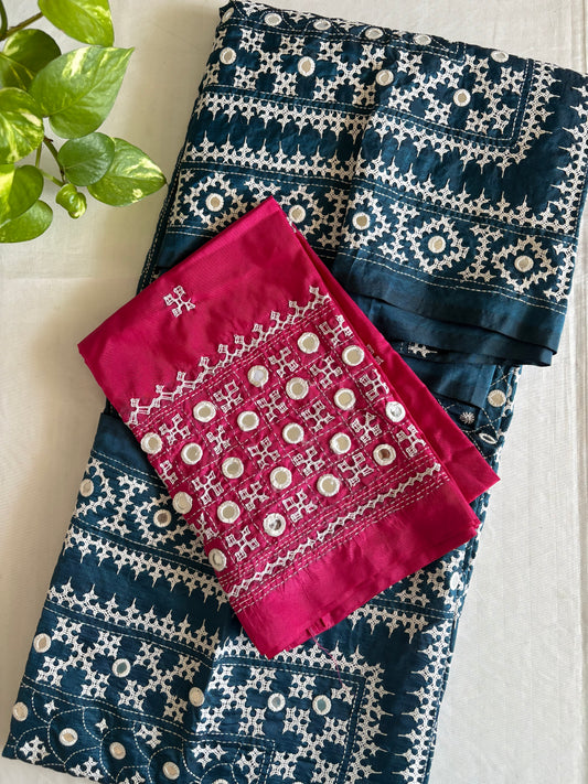Blue Kutch Hand Embroidered Blended Banglore Silk/Art Silk Saree with contrast blouse
