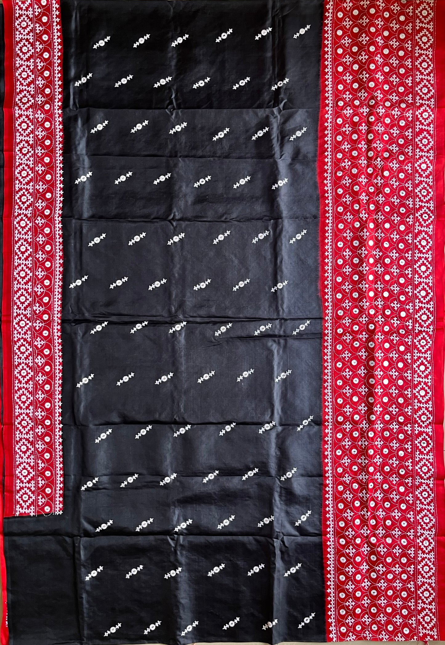 Red Black Kutch Hand Embroidered Pure Banglore Silk Saree