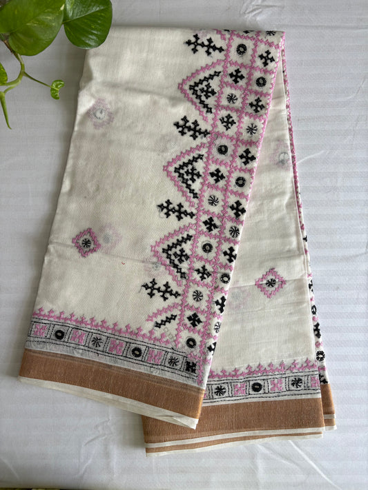Gujrati Stitch/Kutch Hand Embroidered South Cotton Saree