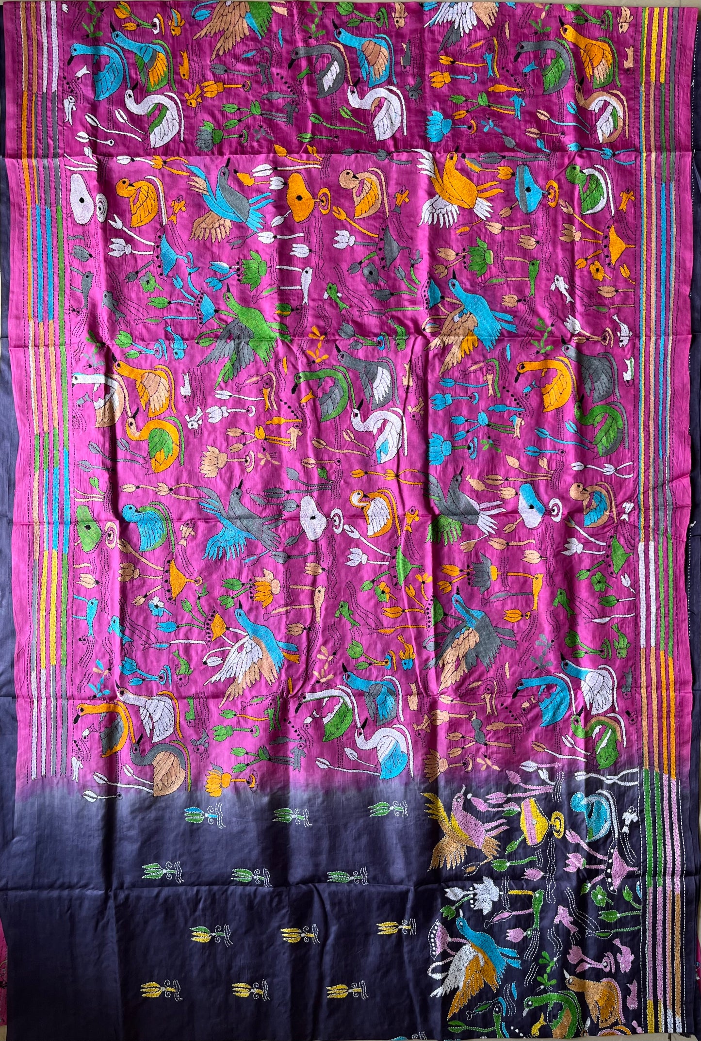 Pink/purple Kantha Stitch Hand Embroidered Pure Banglore Silk Saree (Silk Marked)