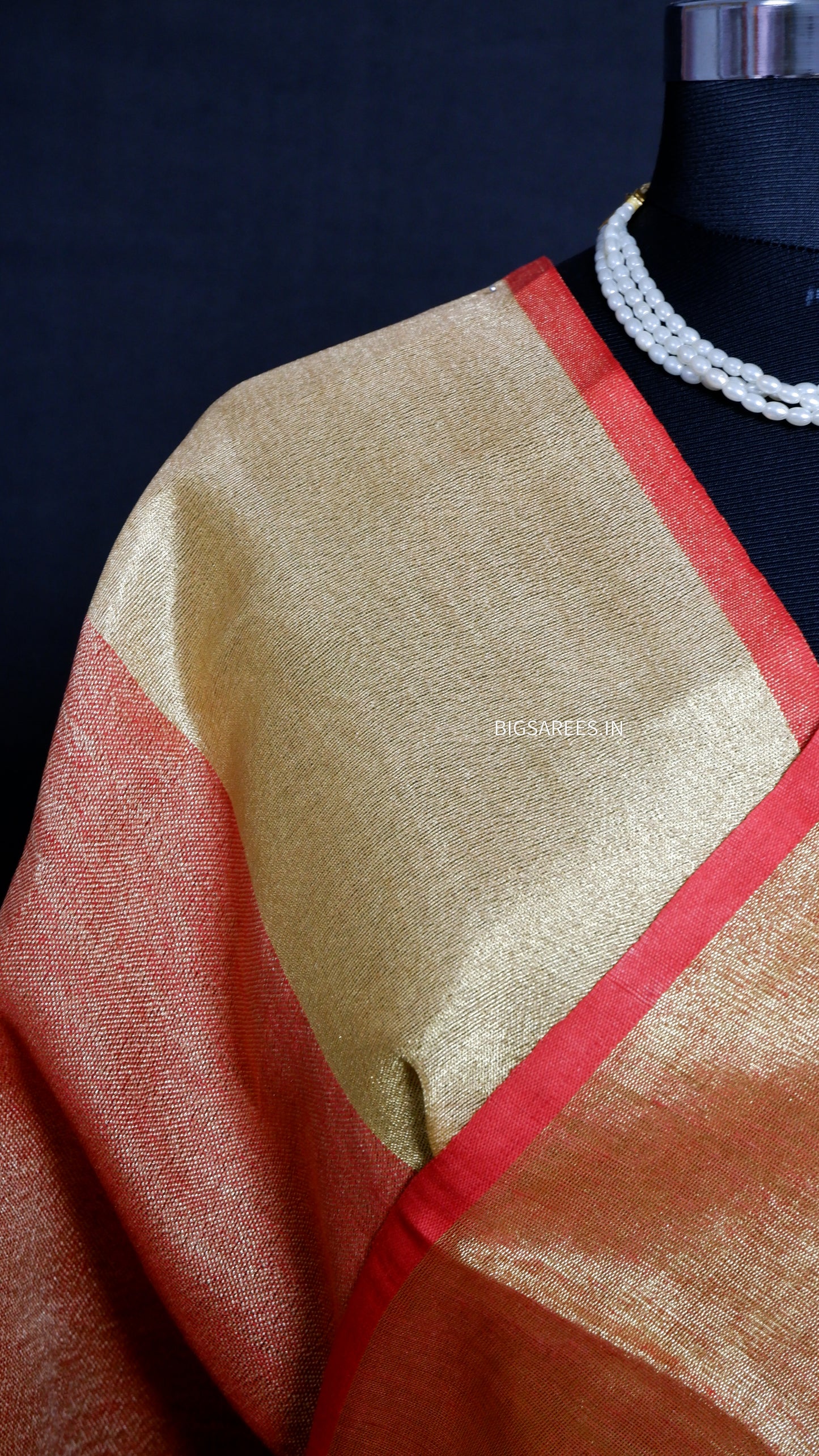 Red golden pure Linen By Linen Saree With running Blouse