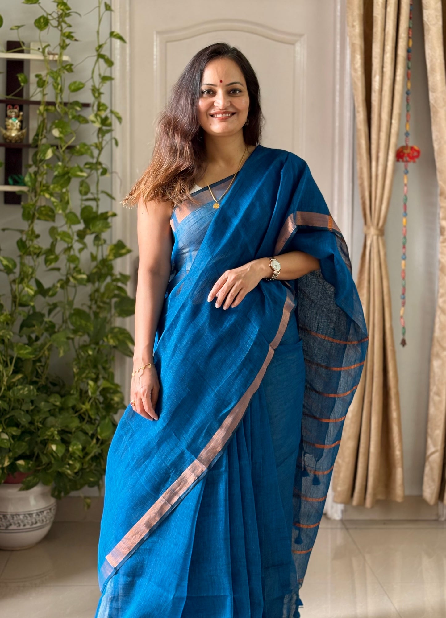 Blue Linen By Linen Saree With Blouse