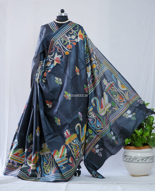 Kantha Hand Embroidered Pure Tussar Silk Saree