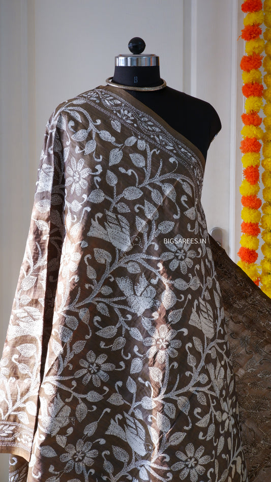 Kantha Hand Embroidary Full Work Pure Tassar Silk Dupatta36”