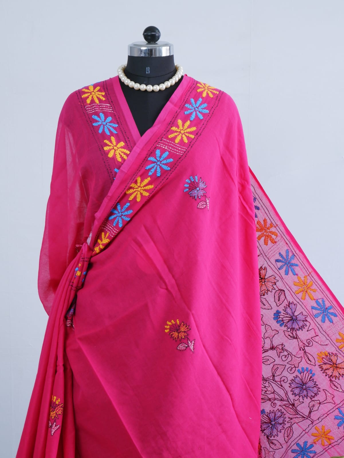 Kantha stitch Hand Embroidered Pure mul Cotton Saree