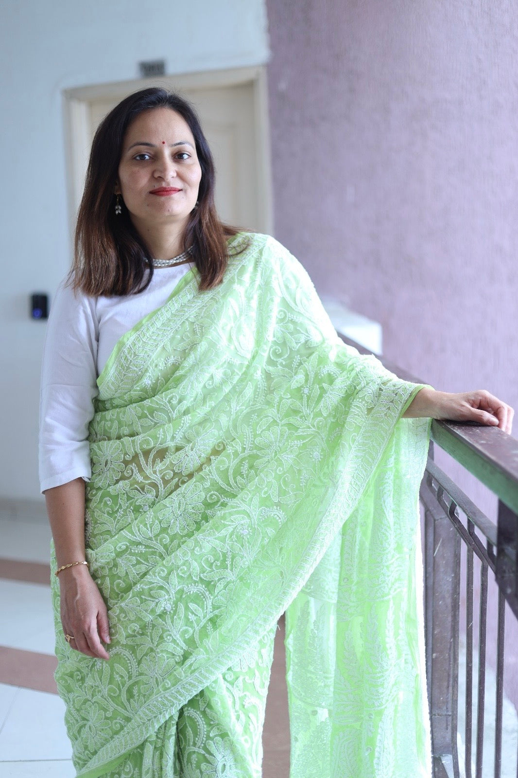 Light Green Georgette Chikankari Work Hand Embroidered Saree