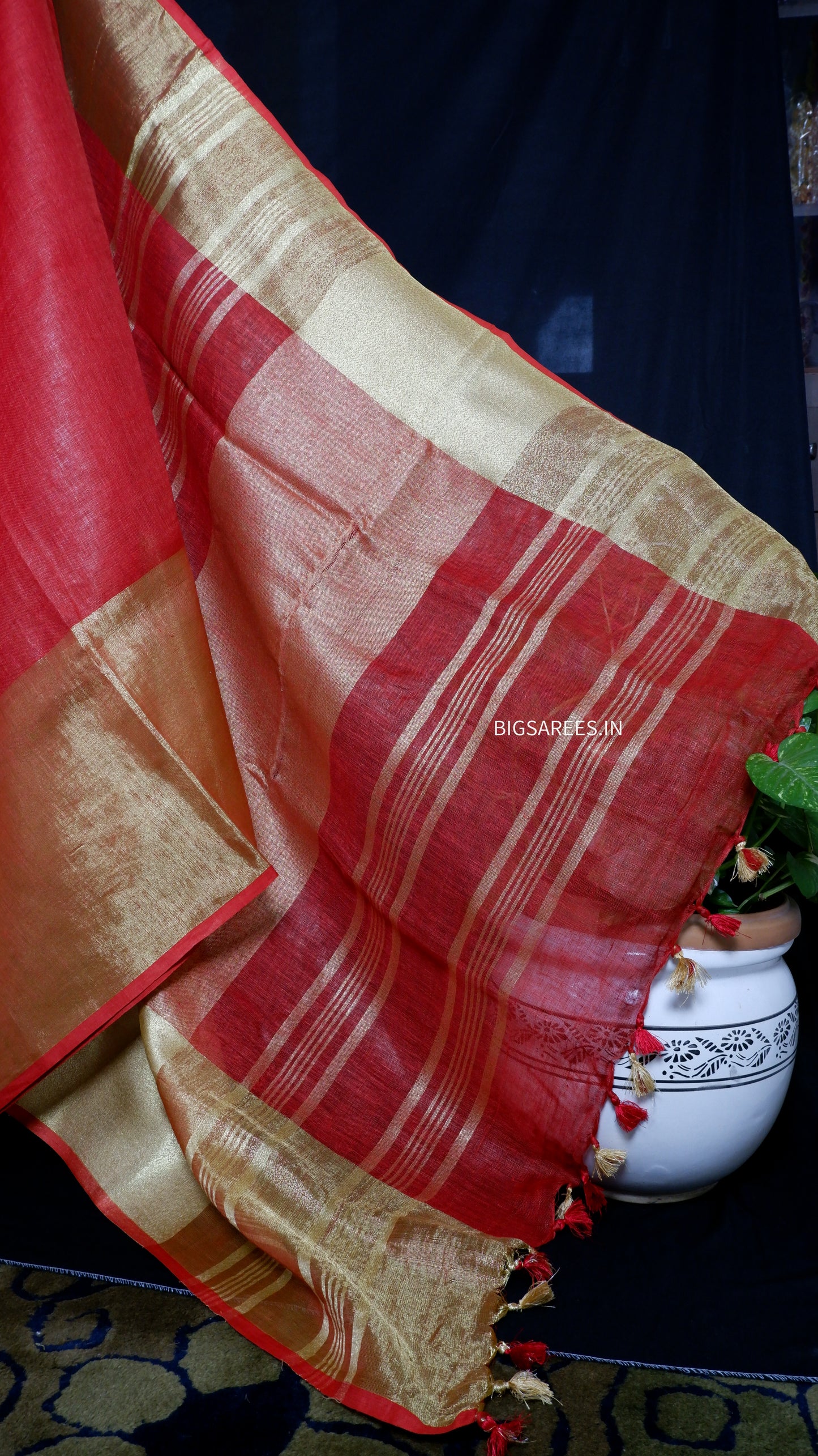 Red golden pure Linen By Linen Saree With running Blouse