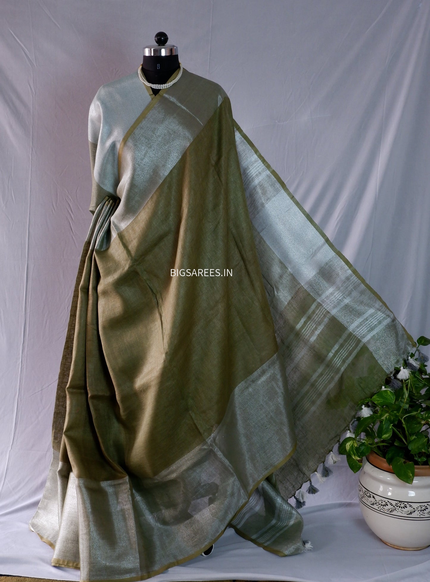 Brown silver pure Linen By Linen Saree With running Blouse