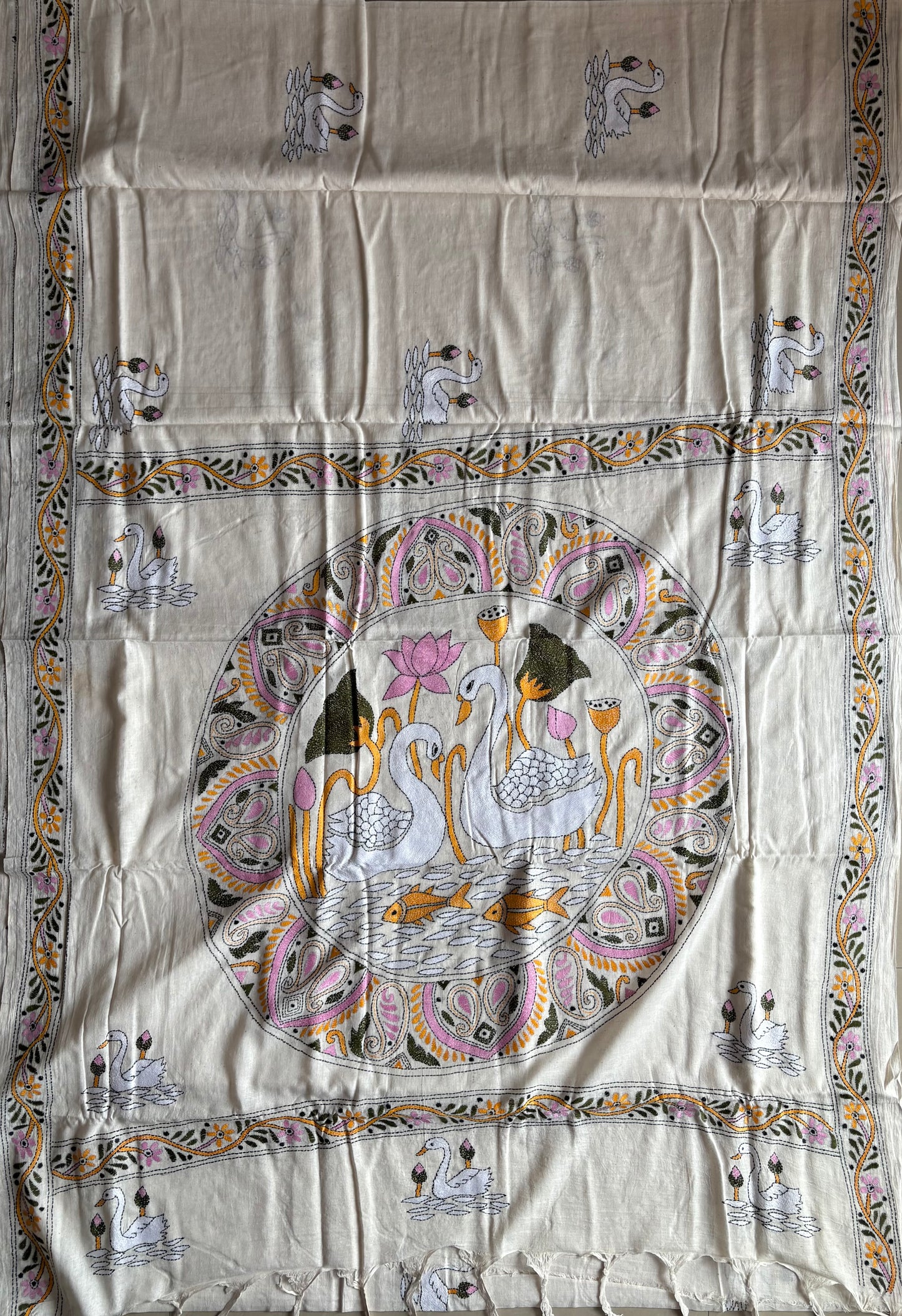Kantha Khadi Cotton Saree - off white