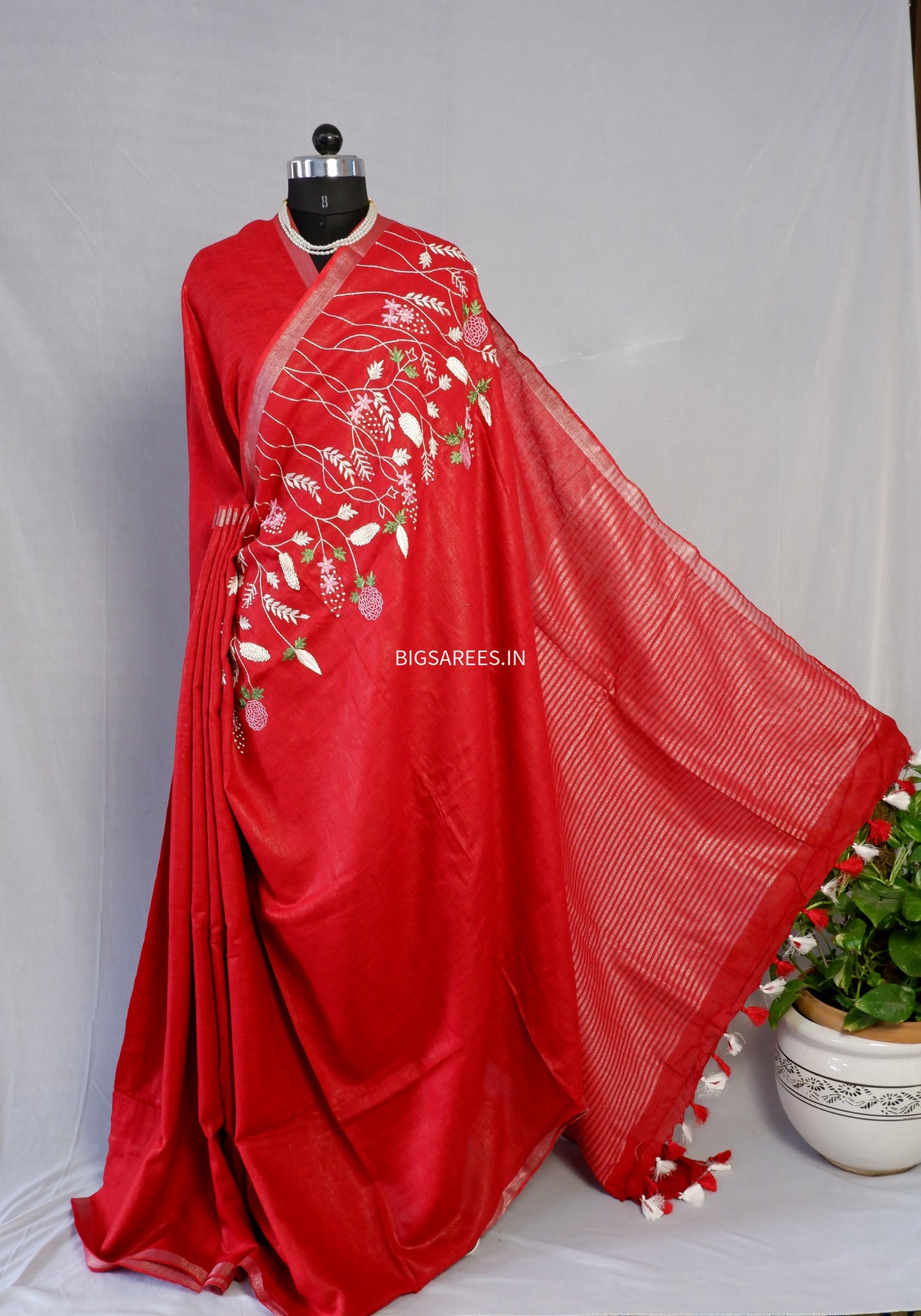 Pure Linen Saree With running Blouse - Dark Red