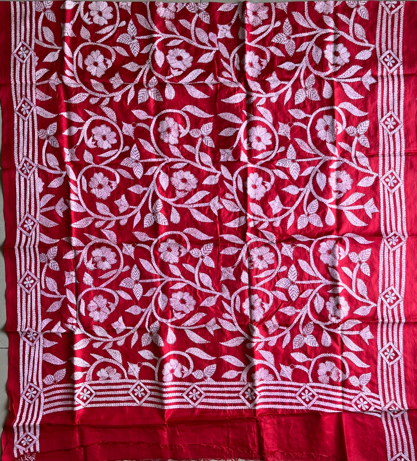 Red Kantha Stitch Hand Embroidary Full Work Pure Banglore Silk Dupatta. (With Silk Mark)