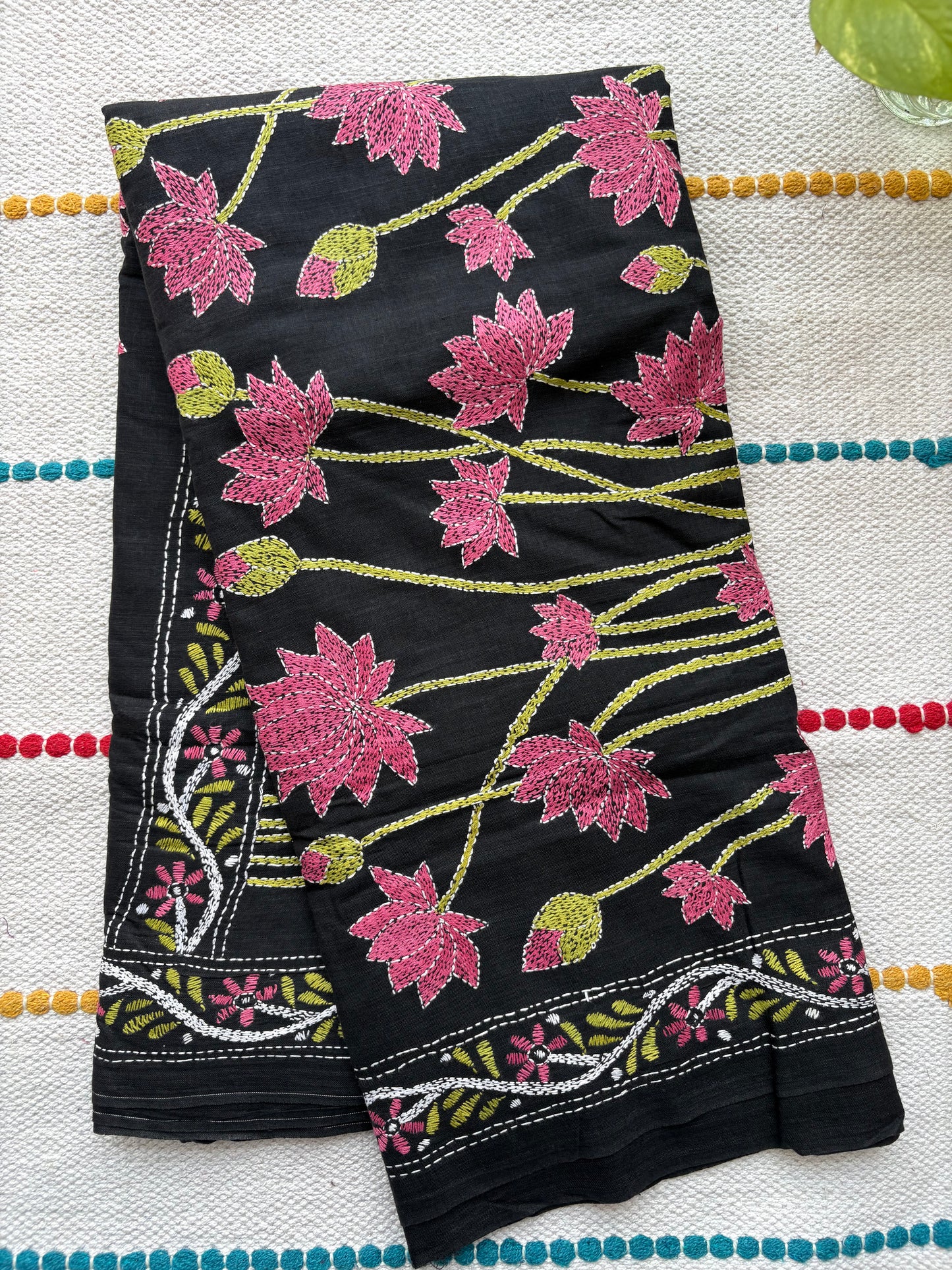 Kantha stitch Khadi Cotton Saree - Black