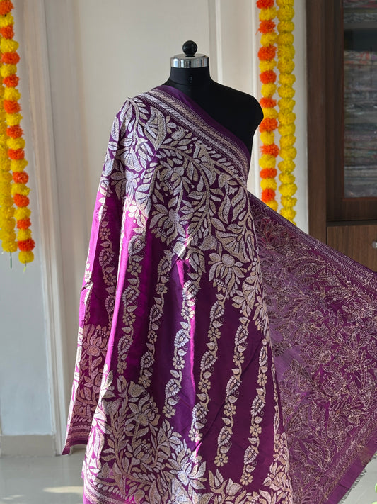 Kantha Hand Embroidary Full Work Pure Banglore Silk Dupatta. (With Silk Mark)