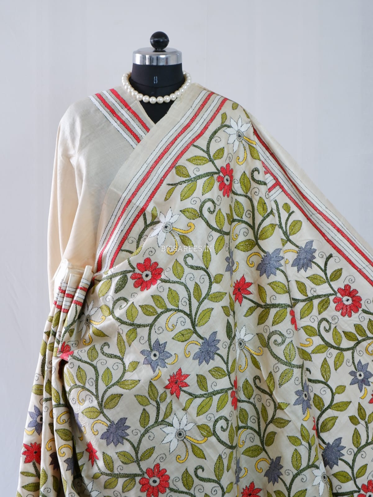Kantha - Stitch Hand Embroidered Saree | Pure Gachi by Gachi Tussar Silk | Silk Mark Certified | Light Beige
