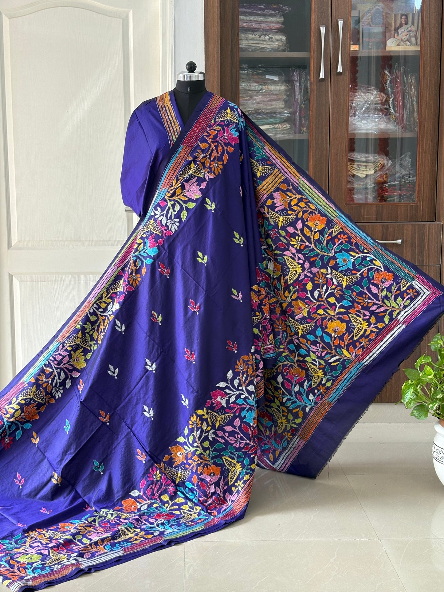 Kantha Hand Embroidered Pure Banglore Silk Saree (Silk Marked)