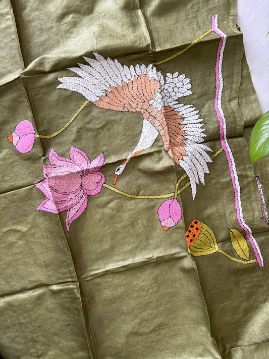 Kantha Stitch Pure Tassar Silk Blouse Piece - olive green