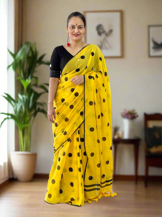Mul Cotton polka dots Saree - Yellow