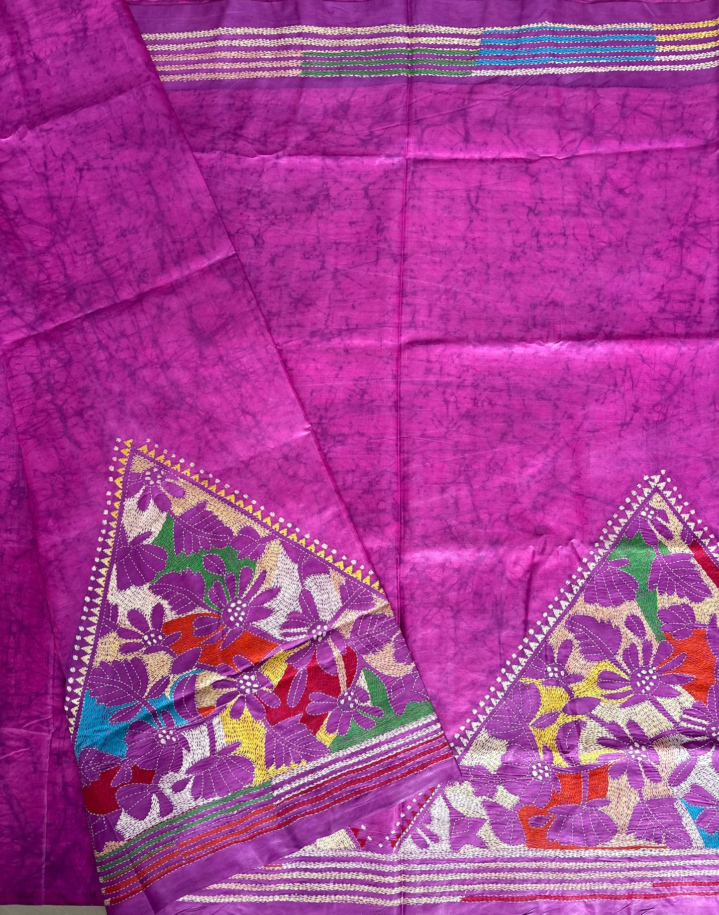 Reverse Kantha Hand Embroidered Blended Banglore Silk/Art Silk Saree With Blouse