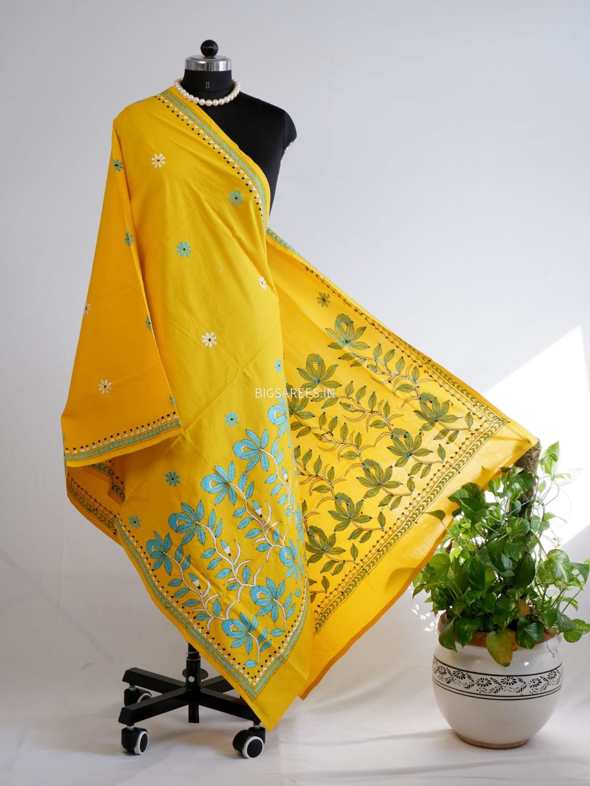 Hand-Embroidered Kantha Stitch Dupatta | Khadi Cotton | Yellow