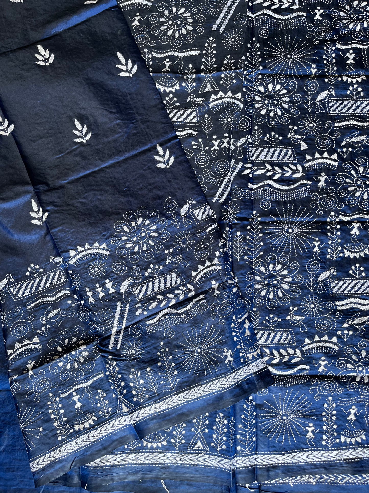 Navy blue Kantha Hand Work Embroidered Art Silk Saree With Blouse