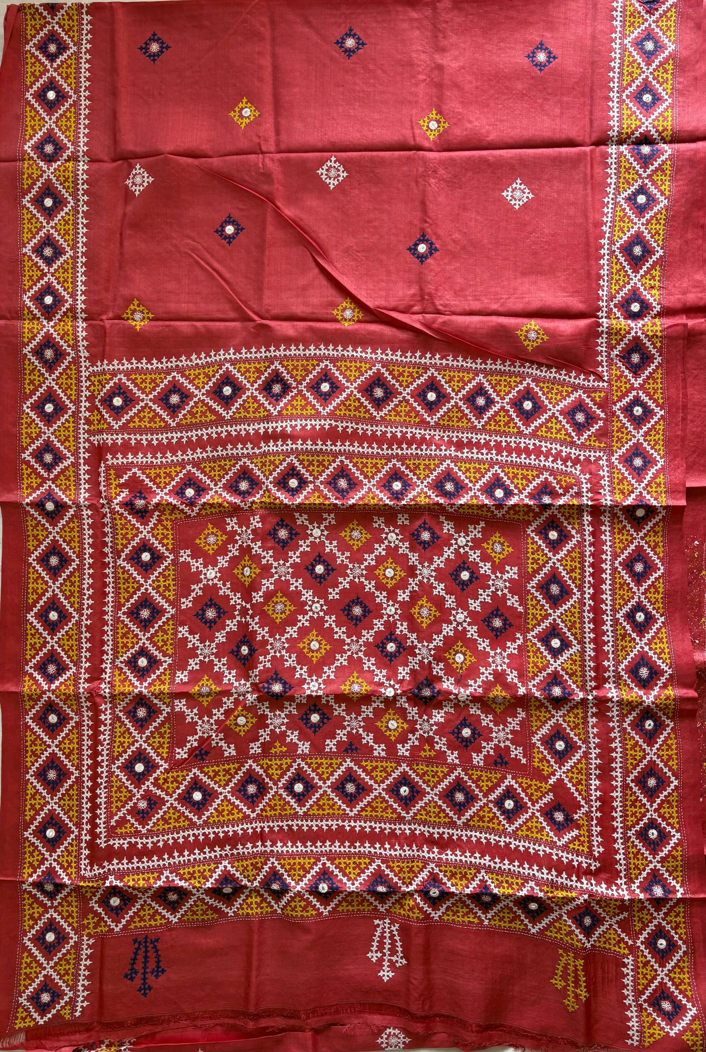 Kutchi Hand Embroidered Saree | Pure Tassar Silk | Silk Marked | Pinkish/Red
