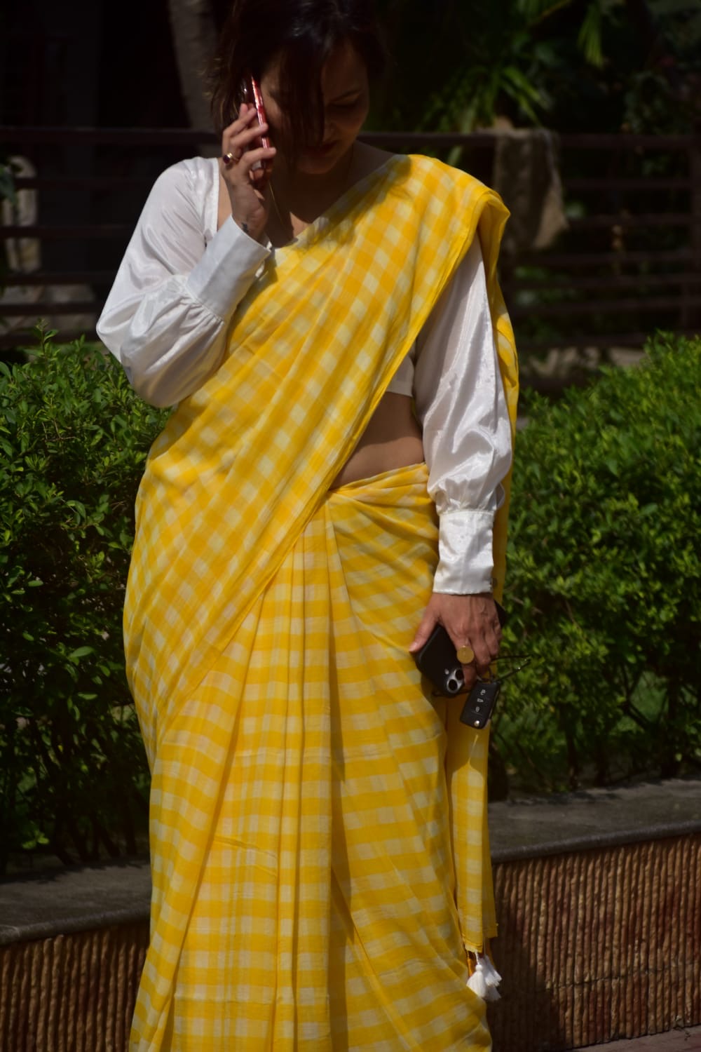 Checkered Mul Cotton Saree With Ikat Blouse | Ultra Lightweight | Yellow