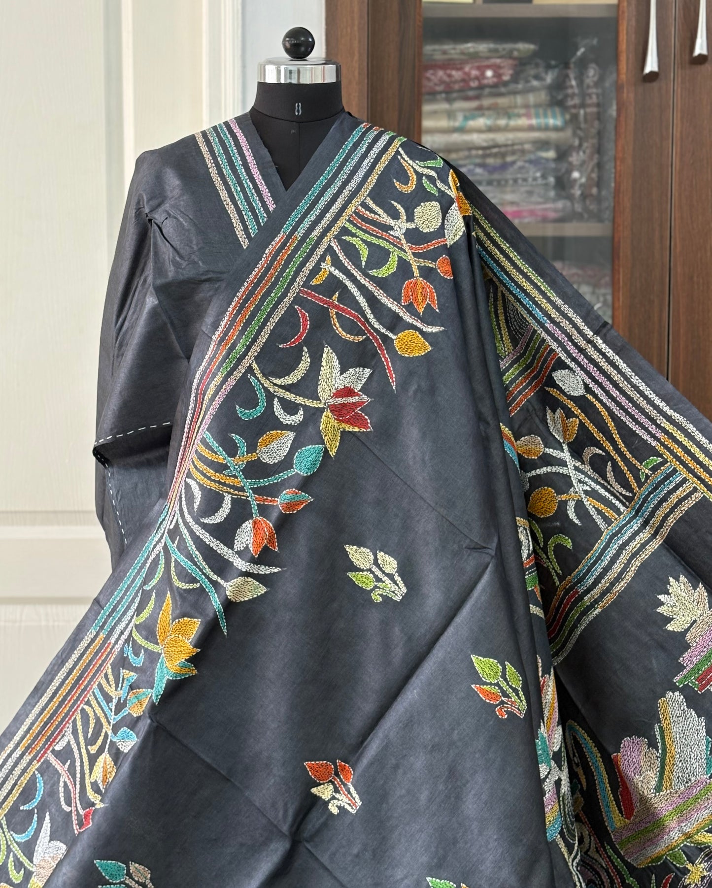 Kantha Hand Embroidered Pure Tussar Silk Saree