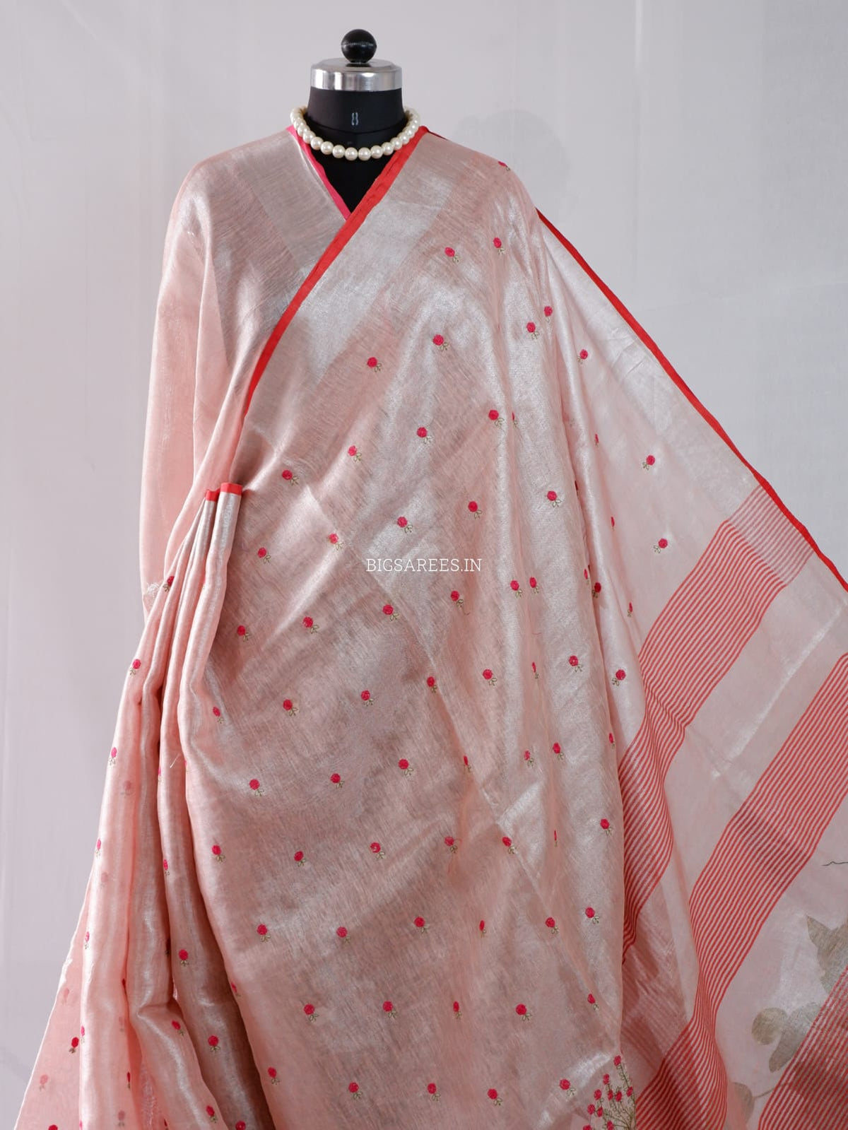 Tissue Linen Blend machine embroidered Saree | Light Pink