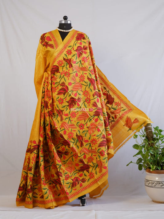 Kantha Stitch Hand Embroidered Saree | Pure Tussar Silk | Silk Mark Certified | Orange