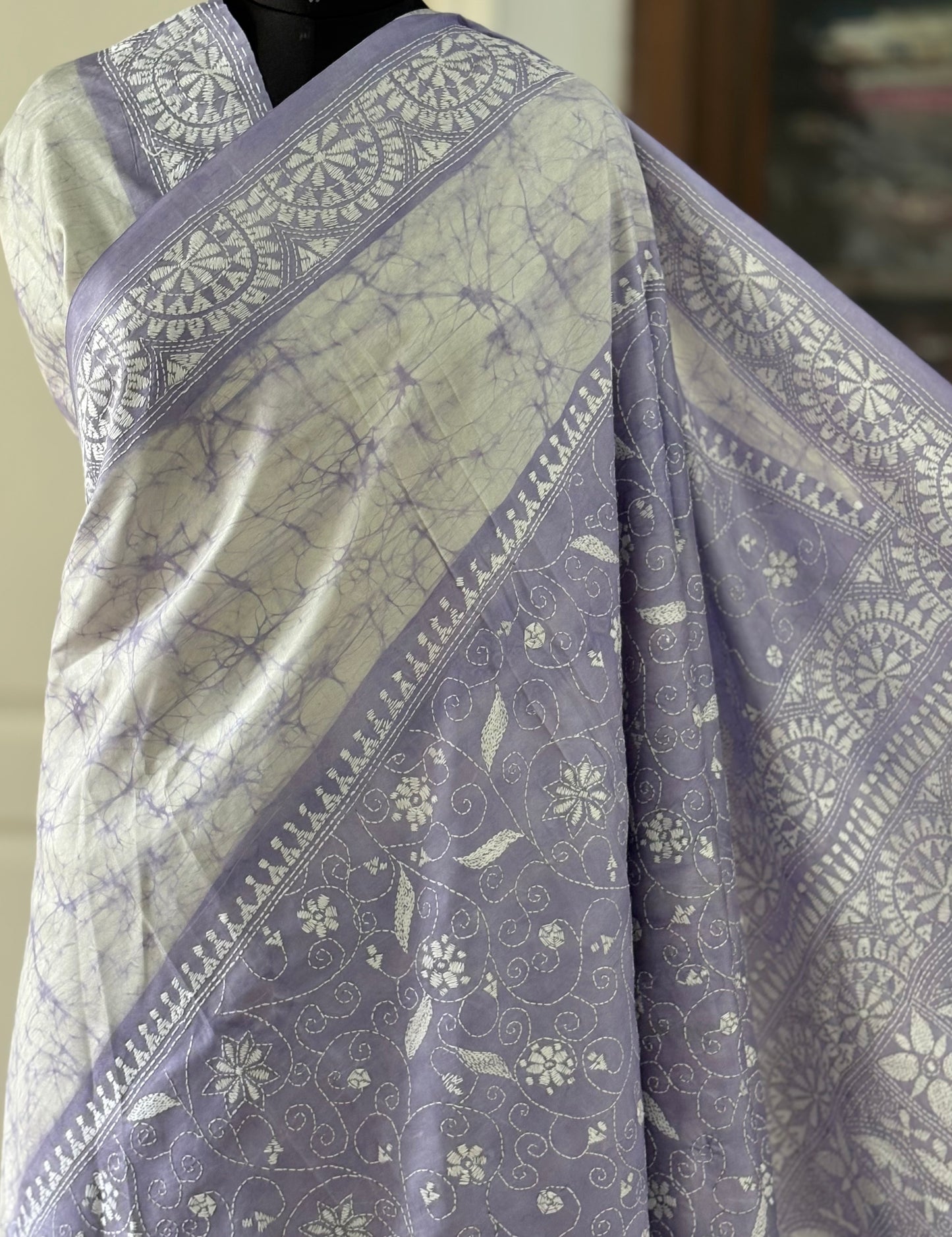 Kantha Stitch Hand Work Embroidered Art Silk Saree With Blouse