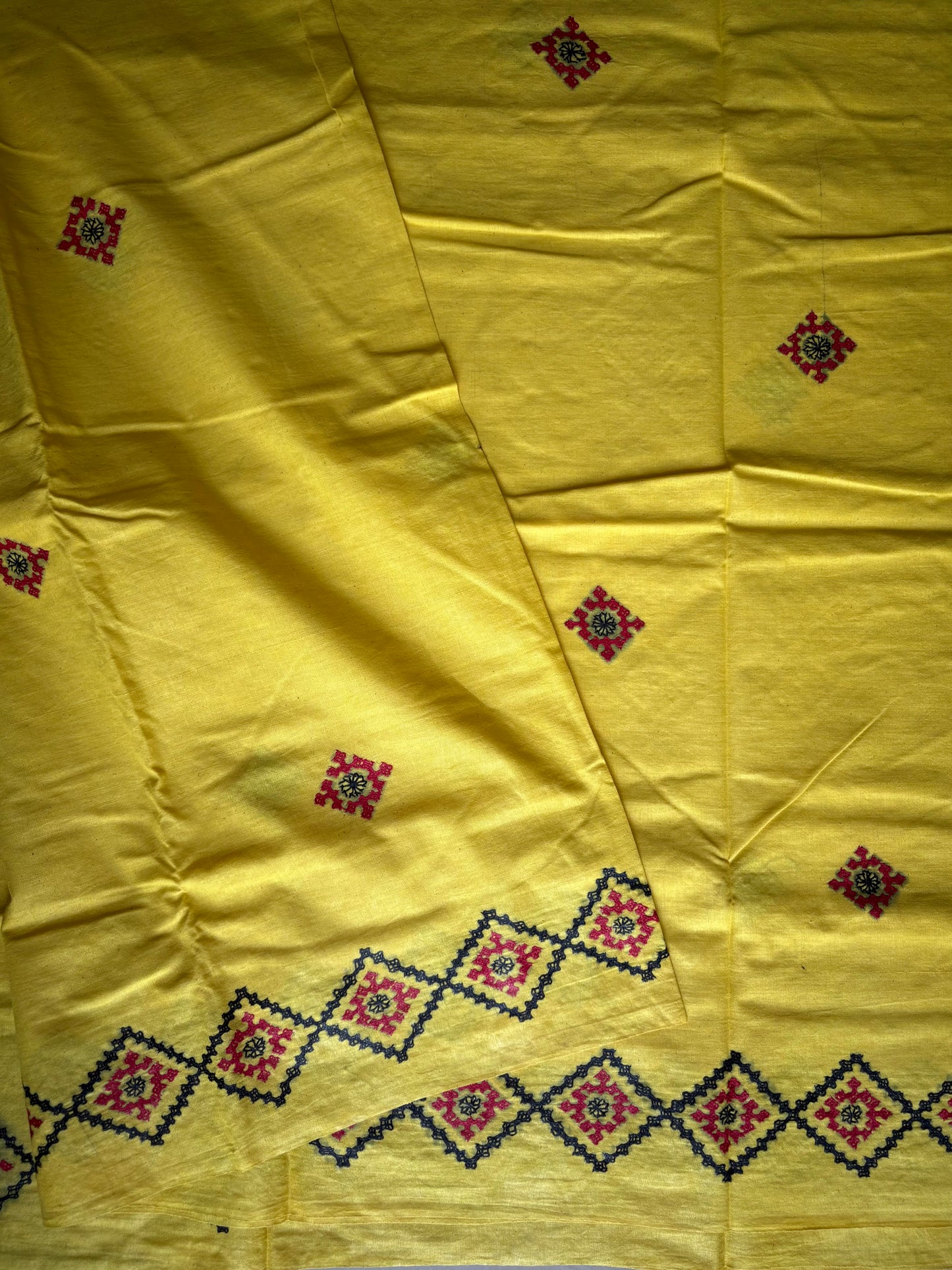 Kutchi work Hand Embroidered Pure Cotton Saree – Yellow