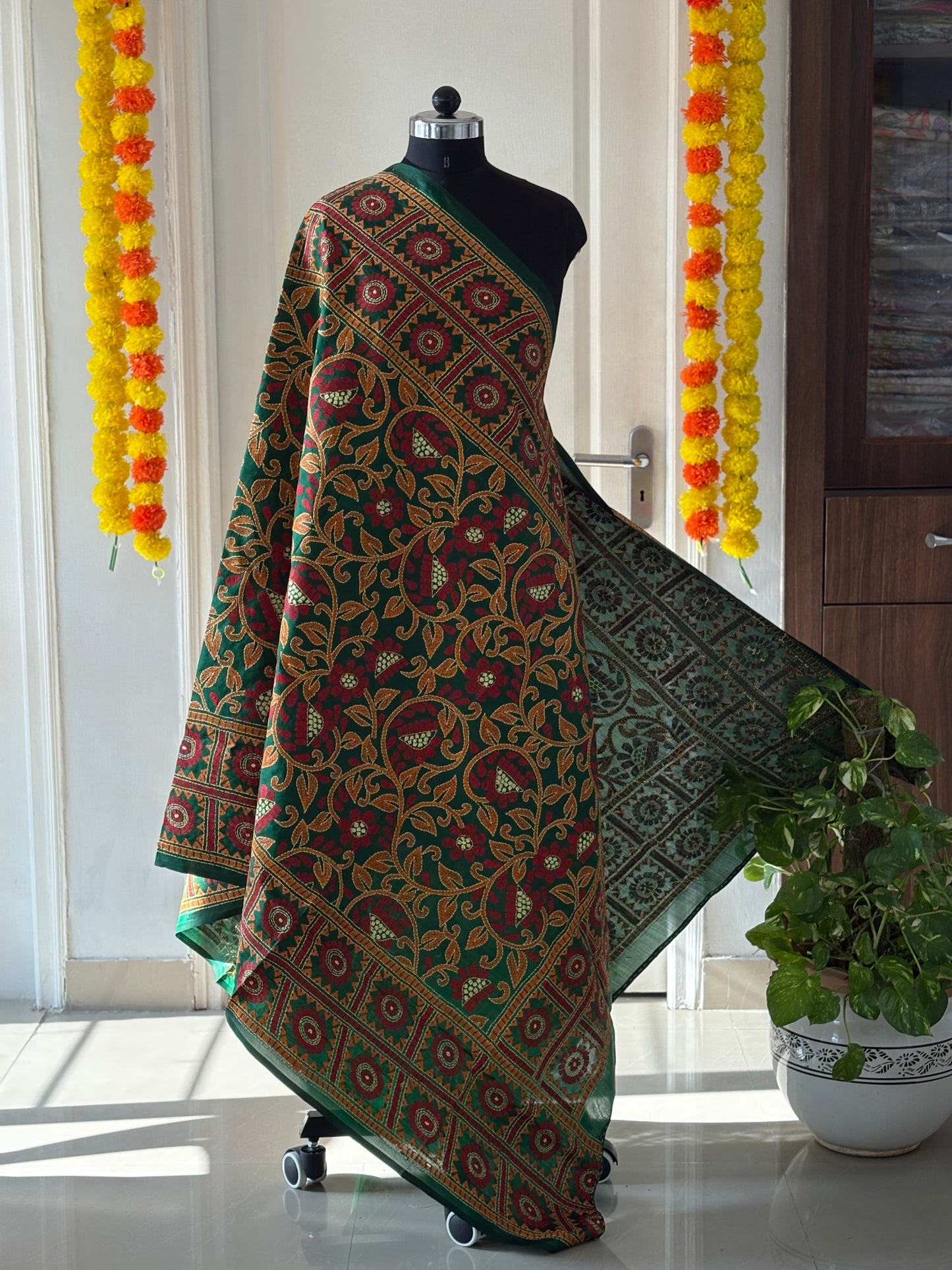 Kantha Hand Embroidary Full Work Pure Banglore Silk Dupatta. (With Silk Mark)