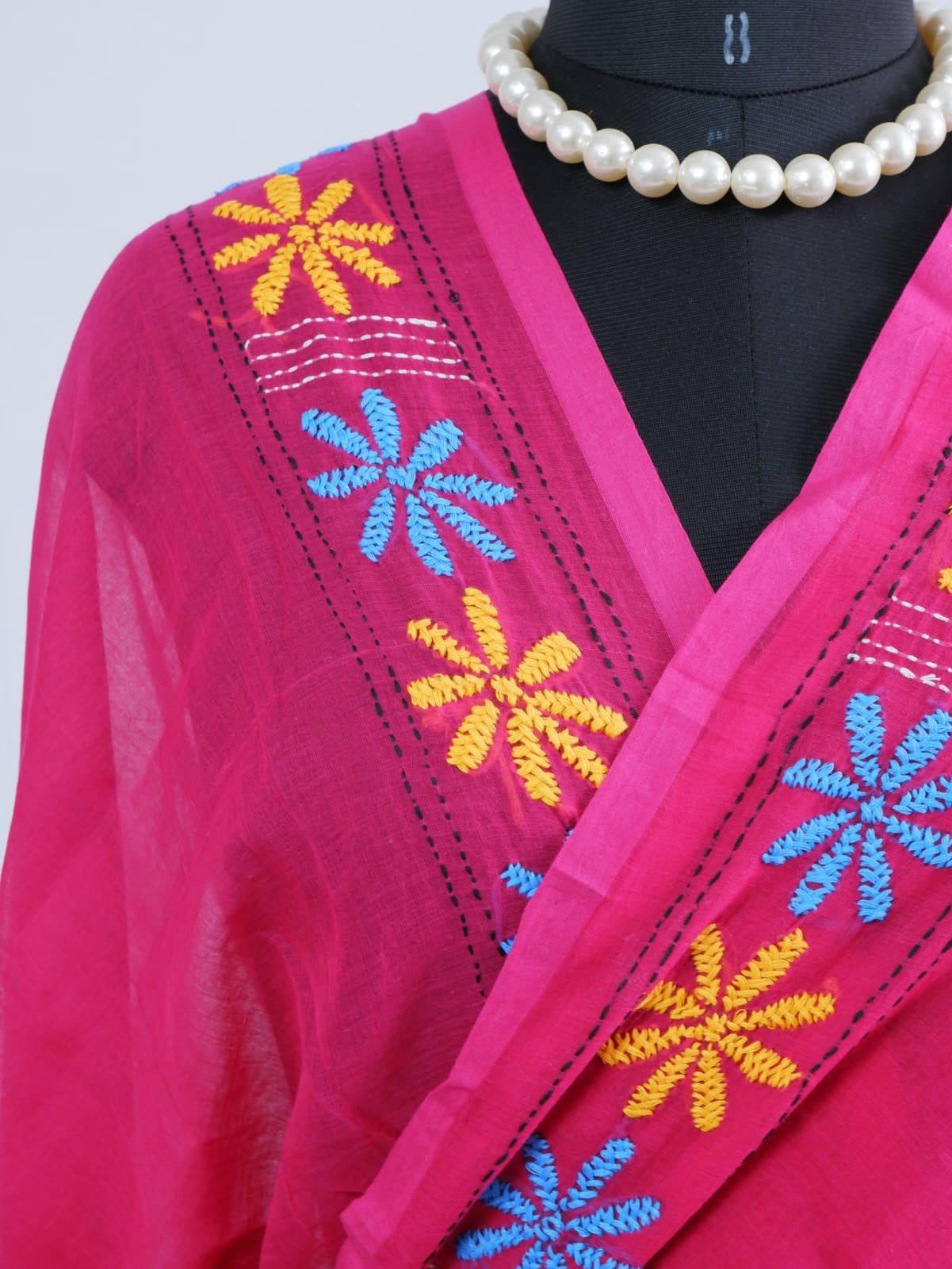 Kantha stitch Hand Embroidered Pure mul Cotton Saree