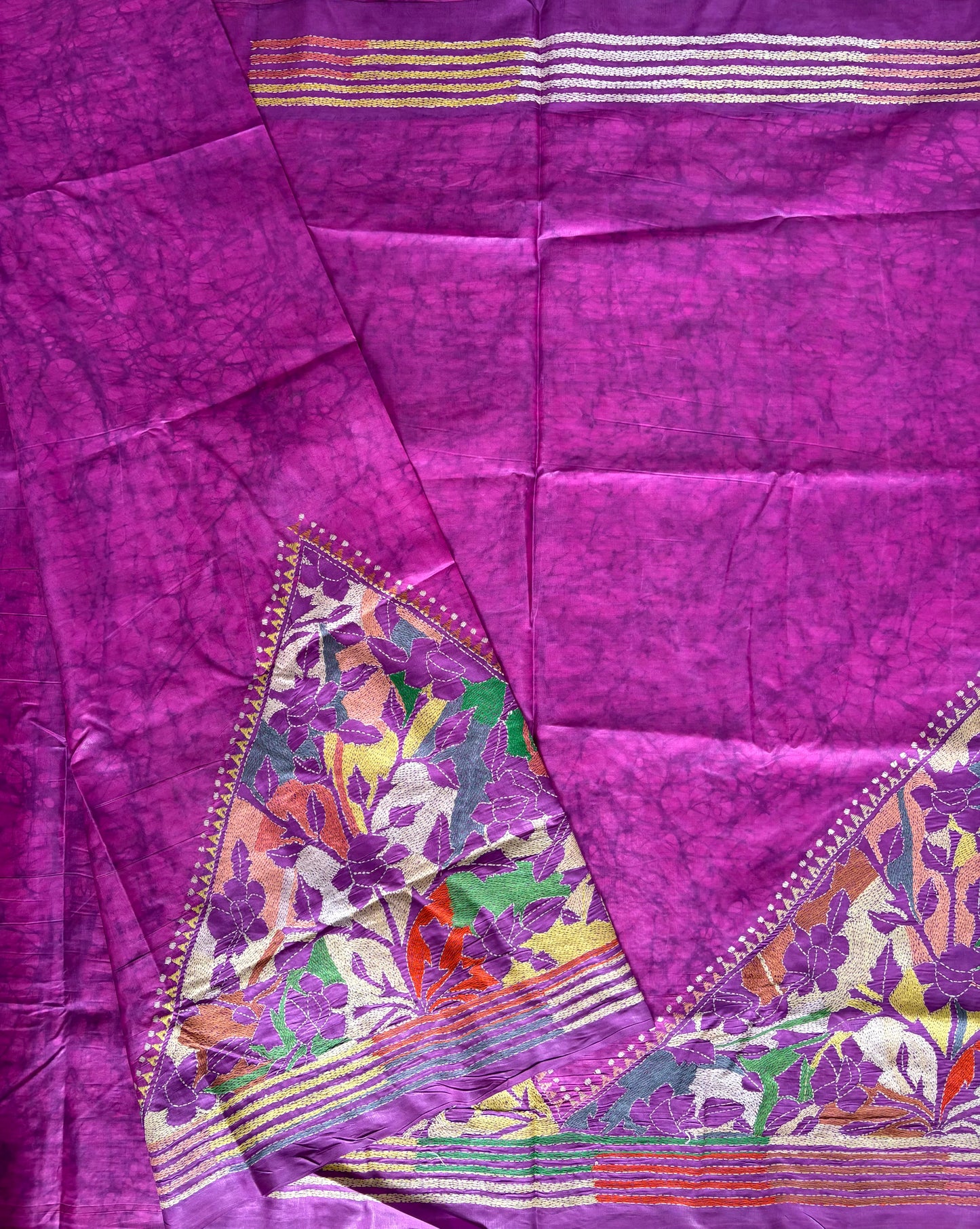 Reverse Kantha Hand Embroidered Blended Banglore Silk/Art Silk Saree With Blouse