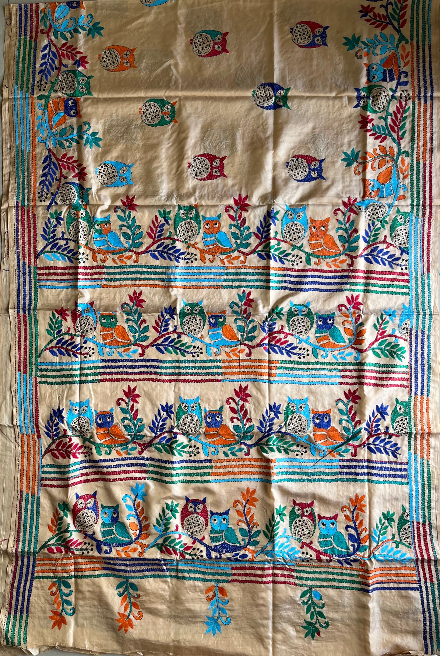 Beige Kantha  Hand Work Embroidered Art Silk Saree With Blouse