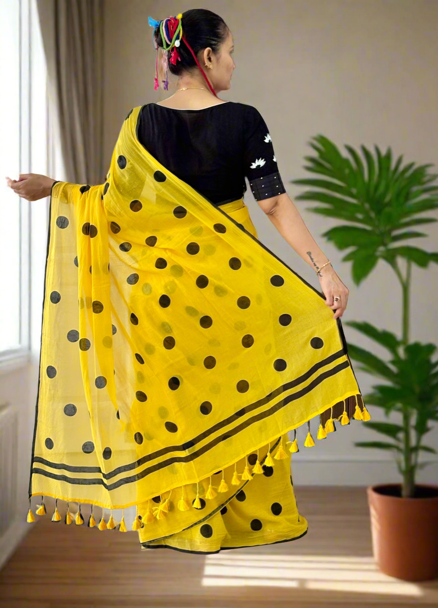 Mul Cotton polka dots Saree - Yellow
