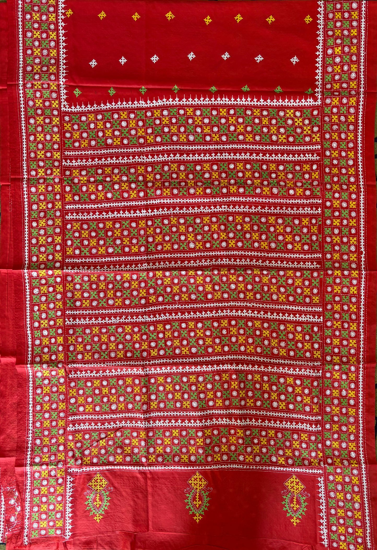 Gujrati Stitch/Kutch Hand Embroidered Art Silk Saree