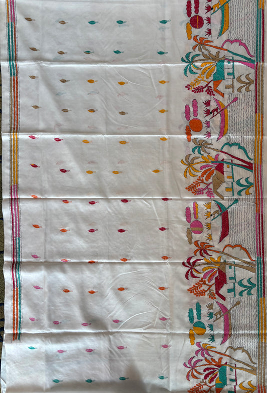 Kantha - Stitch Hand Embroidered Saree | Blended Bangalore Silk / Art Silk | White