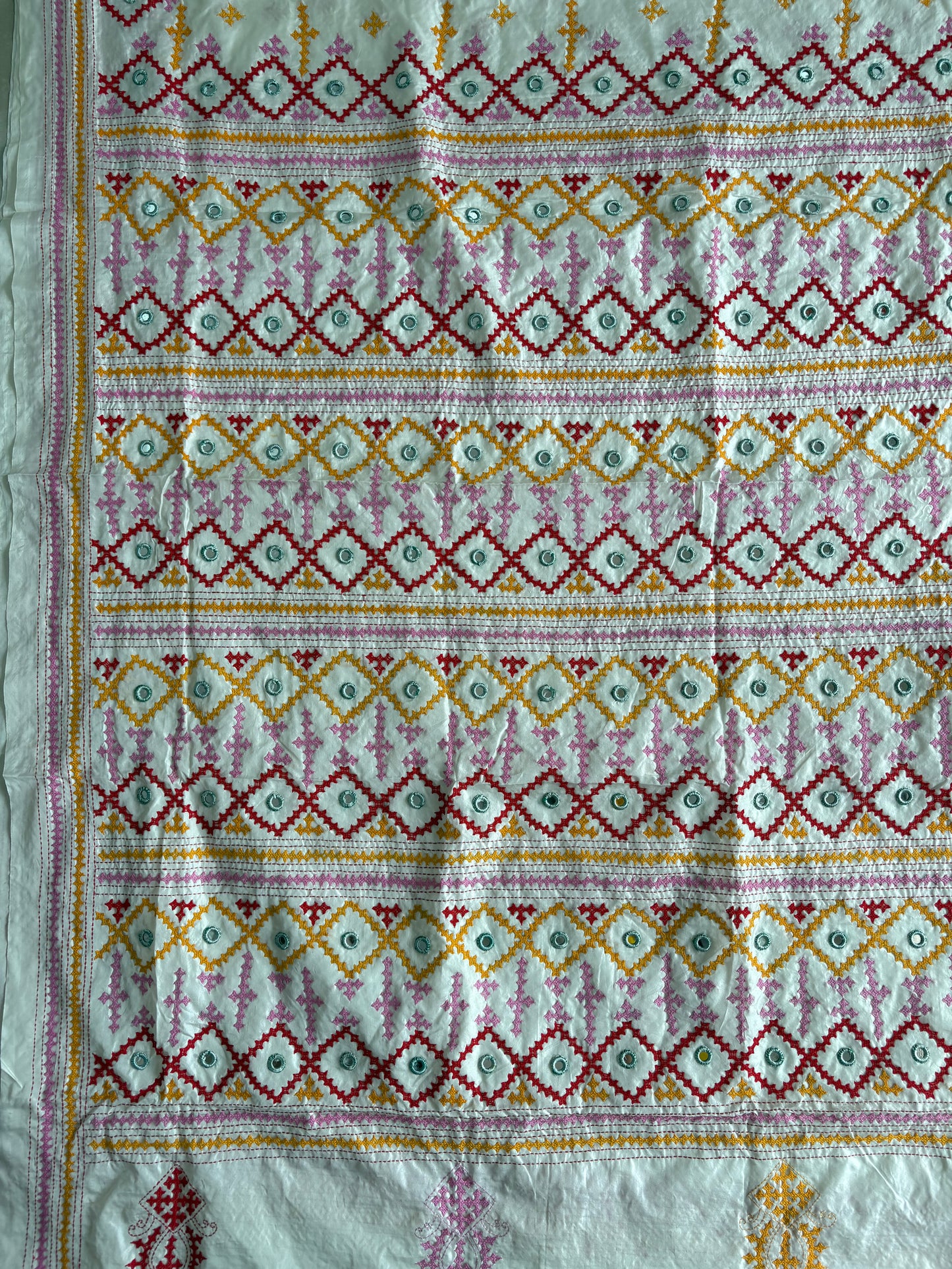 Heavy real mirror work Gujrati Stitch/Kutchi Bharat/Sindhi Hand Embroidered Art Silk Saree with blouse - white