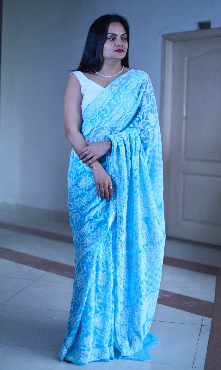 Sky Blue - White Georgette Chikankari Work Hand Embroidered Saree